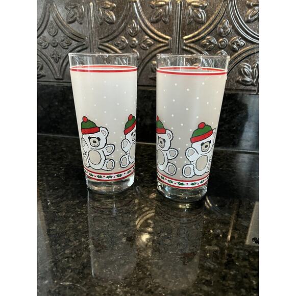 Libbey Teddy Bear Christmas Sweater Tumblers Glasses Set of 2 Vintage - Picture 1 of 5